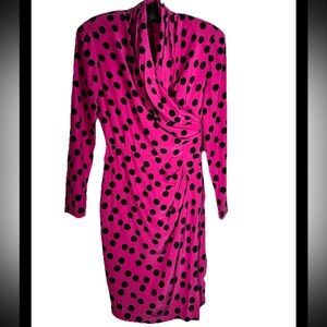 Vintage 80s Anne Klein Hot Pink Black Polka Dot Silk Draped Dress office siren